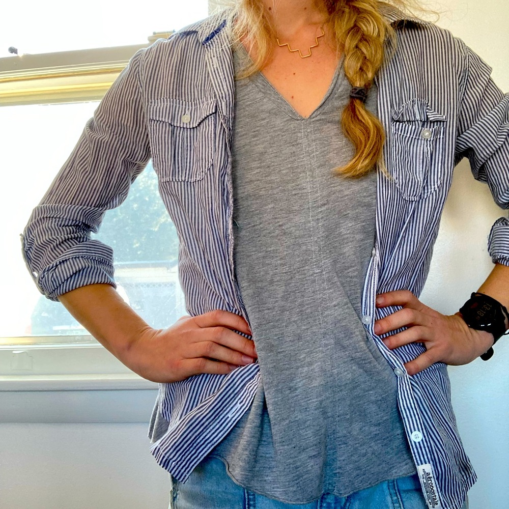 Lightweight blue/white pinstripe button up. Size M